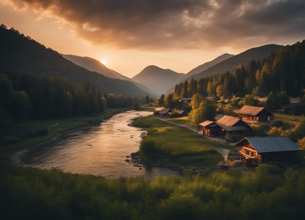 River view with sunset deep forest and mountain