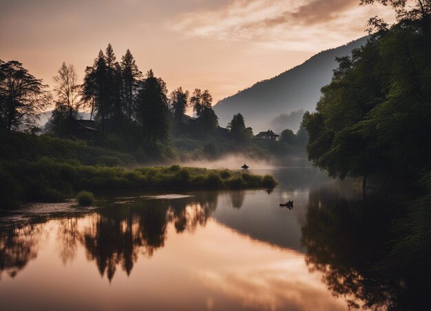 River view with sunset deep forest and mountain