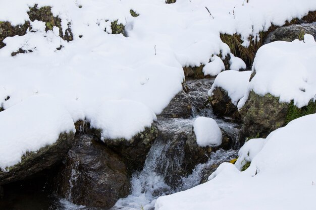 River water in the snow in mountains of Georgia