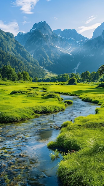 River winding its way through a lush green grassy field with mountain background