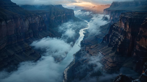 River winds through a canyon amid mountains and clouds in natural landscape