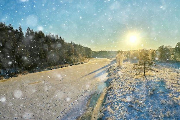 river in winter view from drone, outdoor frost forest landscape