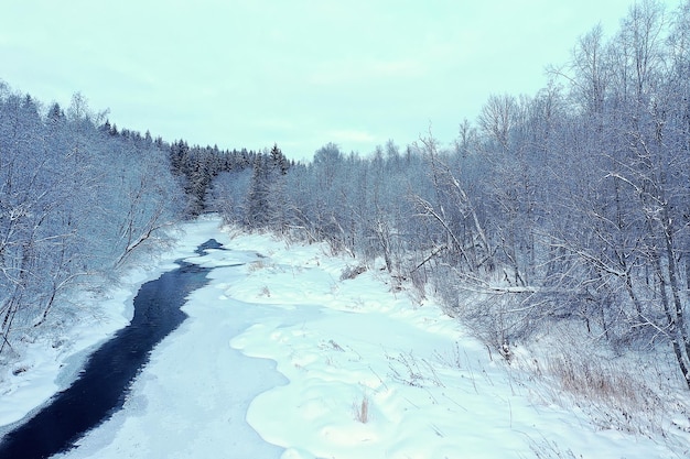 river in winter view from drone, outdoor frost forest landscape