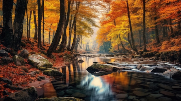 a river with autumn leaves and a river with a reflection in it.