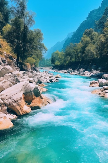 Photo a river with blue water and rocks in it