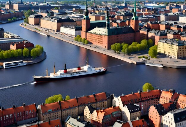 Photo a river with a boat and a city in the background