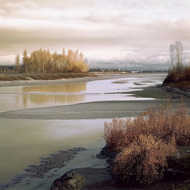 A river with a bridge in the background