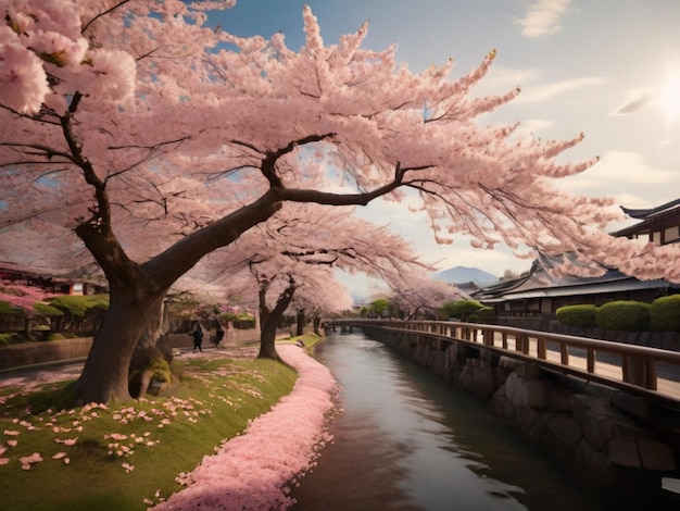 a river with a bridge and a bridge with a bridge in the background