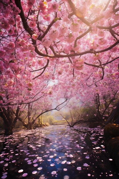 a river with a bridge and a stream with cherry blossom on it