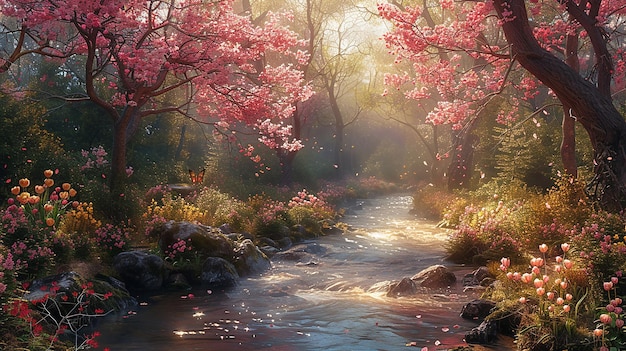 a river with cherry blossom trees and a stream