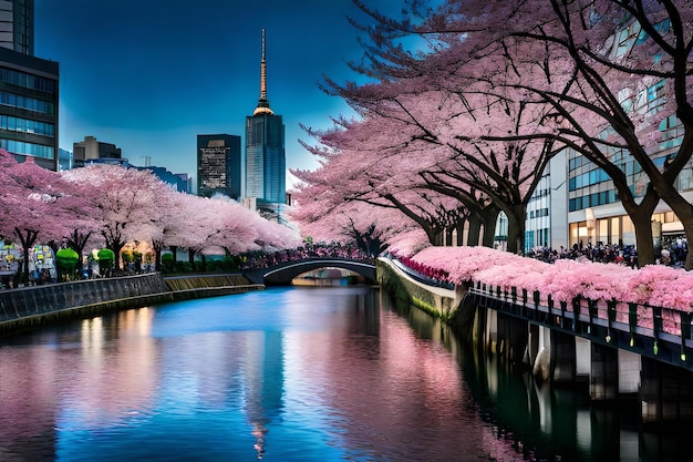 A river with cherry blossoms in the foreground