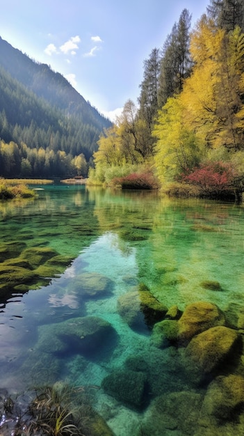 A river with clear water and a mountain in the background