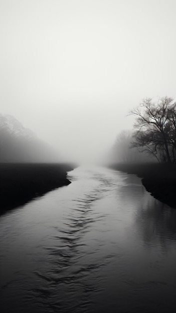 a river with a few trees in the fog