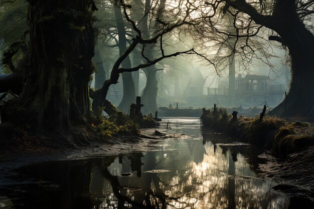 Photo a river with a few trees and a house in the background