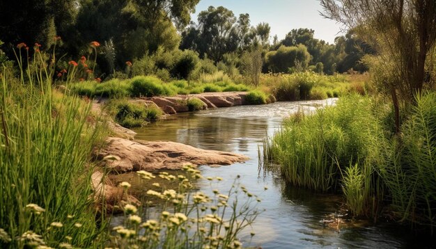 a river with flowers and grass and rocks in it