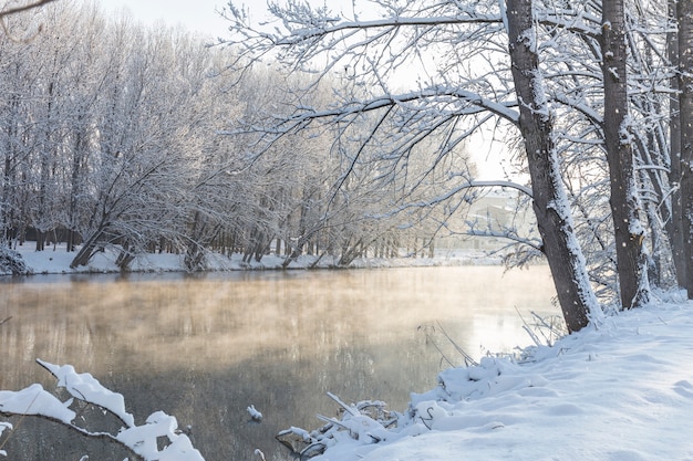 River with fog and snow