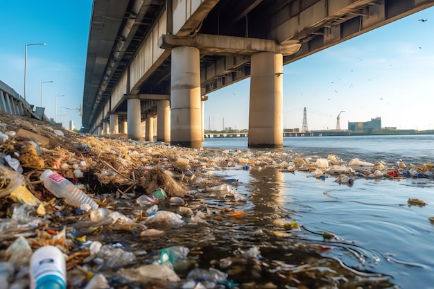 A river with garbage and a bridge in the background