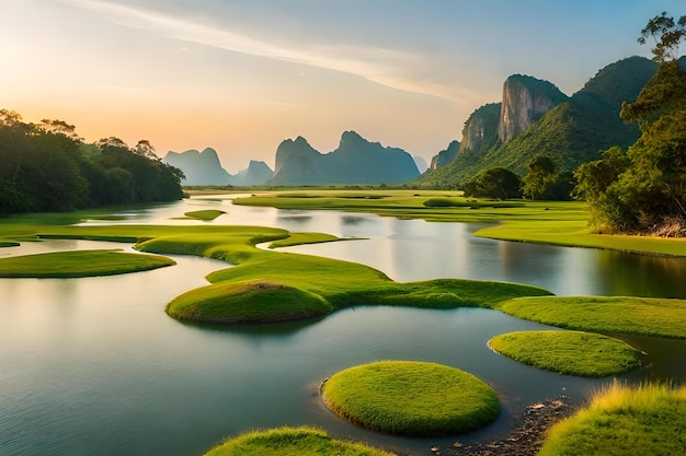 A river with green grass growing in the middle of it