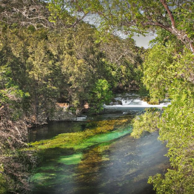 A river with green water in it and trees in the background.