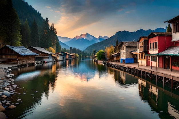 Un fiume con case e montagne sullo sfondo