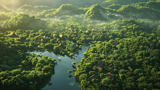 A river with houses and trees on the water