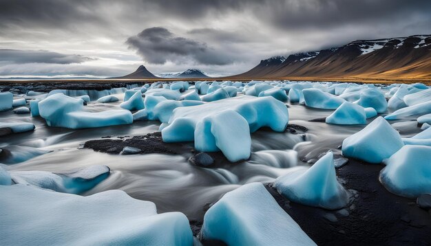 Photo a river with ice and ice in the middle of it