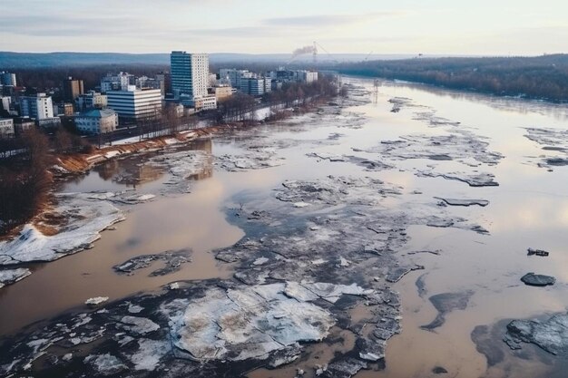 Photo a river with ice and ice in the middle of it