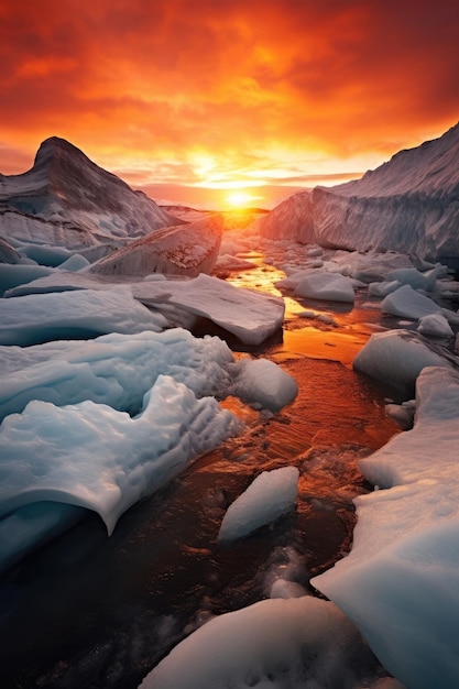 A river with ice and mountains in the background