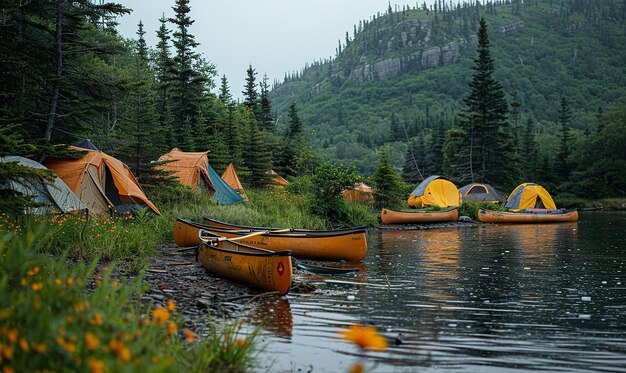 Photo a river with kayaks and a red tarp cover