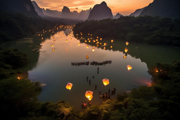 A river with lanterns floating in the water