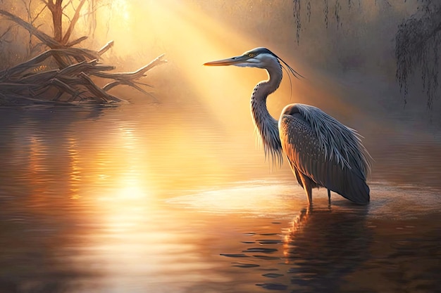 River with large heron gliding on surface of water in sunrays generative ai