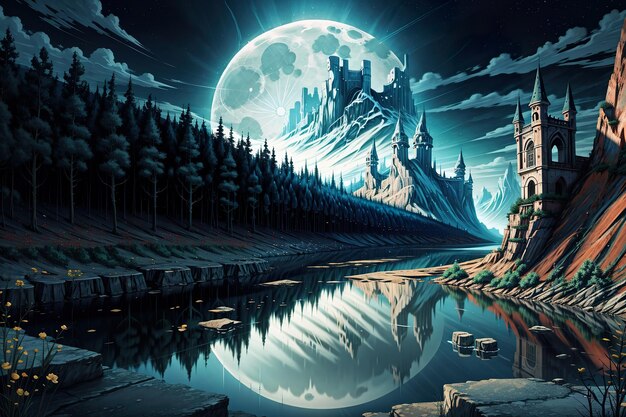 달과 함께 강의 기묘한 풍경 배경