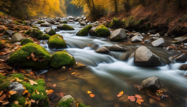 a river with moss covered rocks and a tree with a waterfall in the background