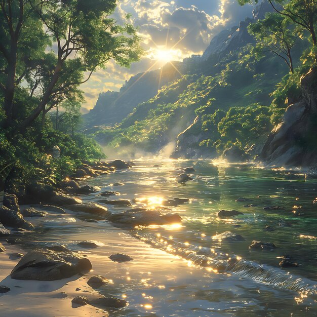 a river with a mountain in the background and the sun shining through the trees