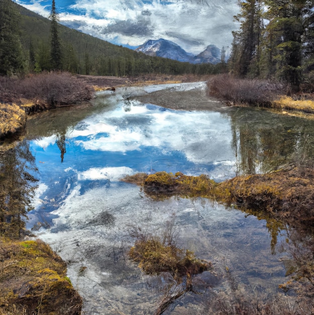 A river with a mountain in the background