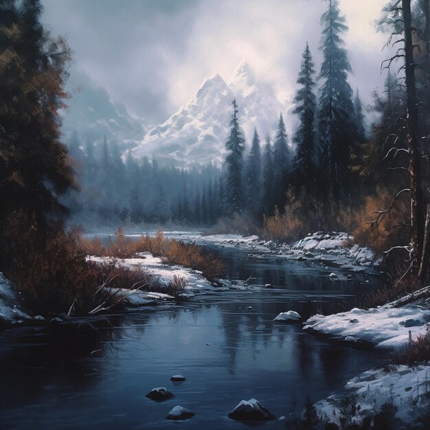 a river with a mountain in the background