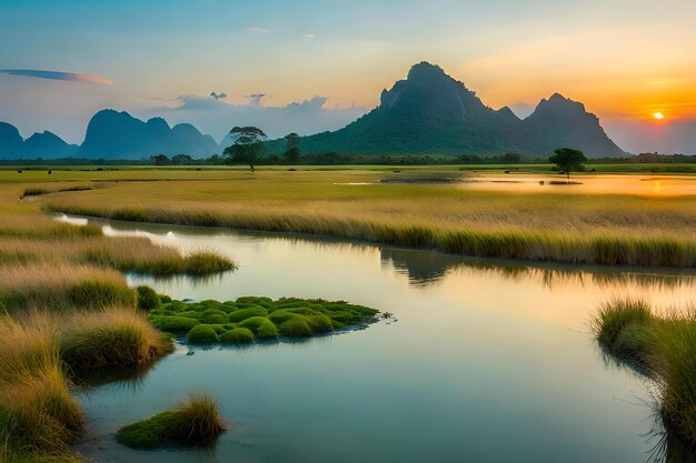 A river with mountains in the background and a plane in the sky