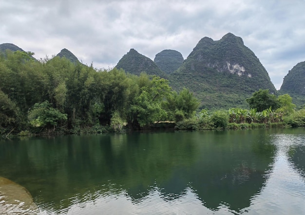 A river with mountains in the background