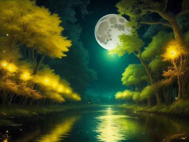 川と月の奇妙な風景コンセ