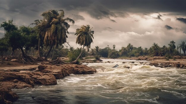 Photo a river with palm trees in the background