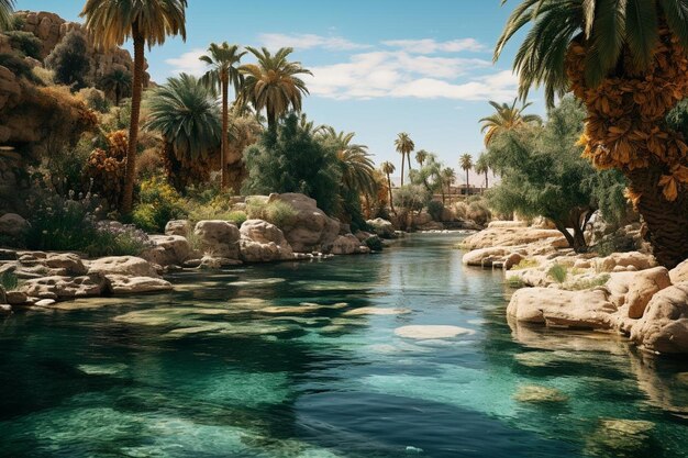 a river with palm trees and a boat in it