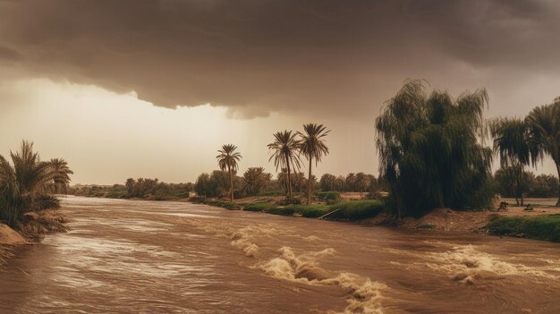 A river with palm trees and a cloudy sky