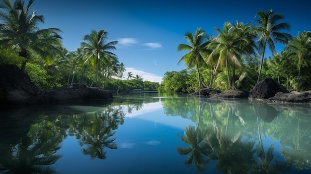 A river with palm trees in the foreground and a blue sky with clouds in the background