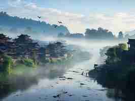 Photo a river with a river and birds flying around it