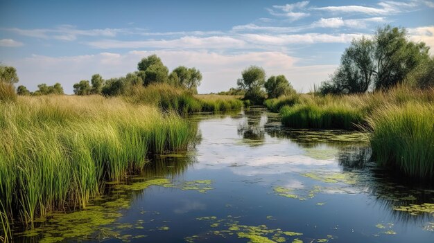 A river with a river and a blue sky