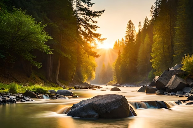 A river with a rock in the middle of it