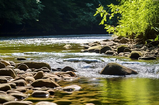 Foto un fiume con rocce e alberi sullo sfondo