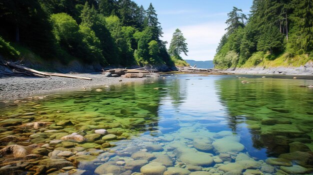 a river with rocks and trees in the background