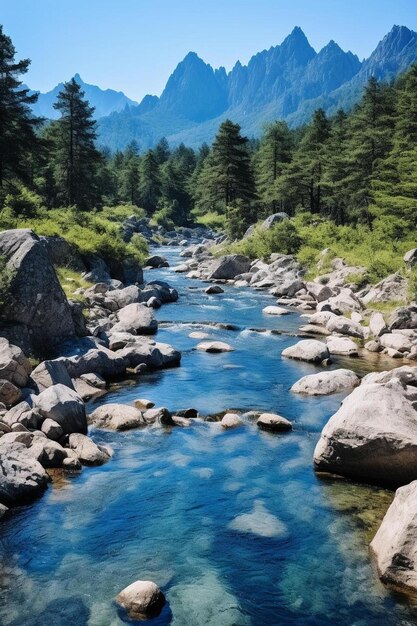 Foto un fiume con rocce e alberi sullo sfondo