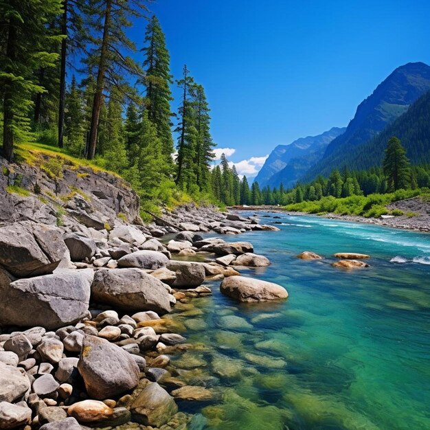 Photo a river with rocks and trees in the background